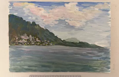 Пейзаж с видом на гору и море