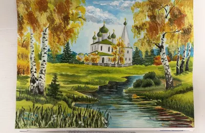 Осенний пейзаж с храмом и березами