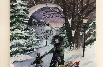 Зимний пейзаж с катающимися на коньках