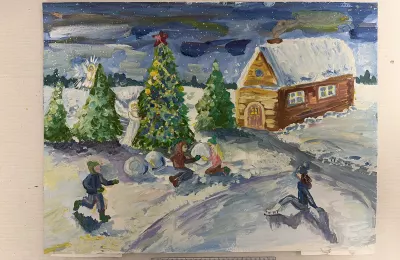 Зимний пейзаж с наряженной елью и ангелами