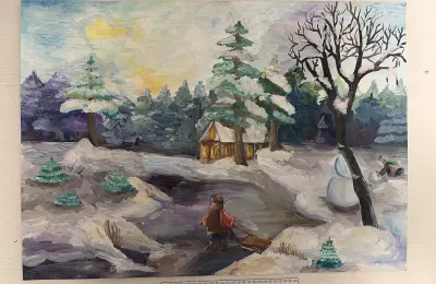 Зимний пейзаж с домиком и фигурами