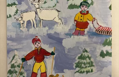 Зимний пейзаж с детьми и оленями