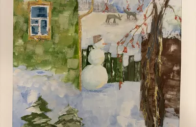 Зимний пейзаж с зеленым домом и снеговиком
