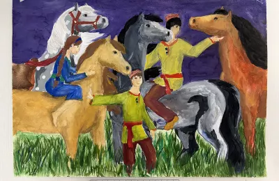 Сюжетная композиция с людьми и лошадьми
