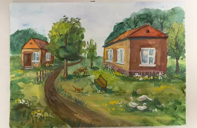Сельский пейзаж с домами и животными