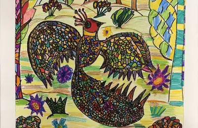 Рисунок сказочной птицы в лесу