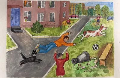 Сцена во дворе с бегущей собакой и летящим человеком