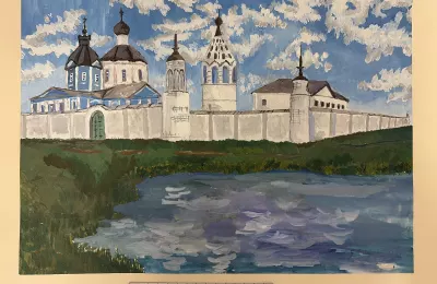 Пейзаж с архитектурным ансамблем монастыря у реки