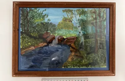 Пейзаж с водопадом и березой