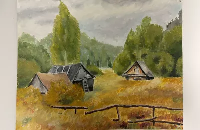 Сельский пейзаж с деревянными избами
