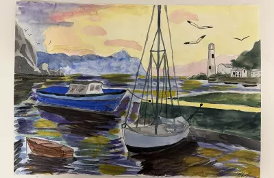 Морской пейзаж с лодками и маяком
