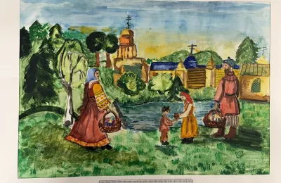 Сцена празднования Пасхи в древнерусском стиле